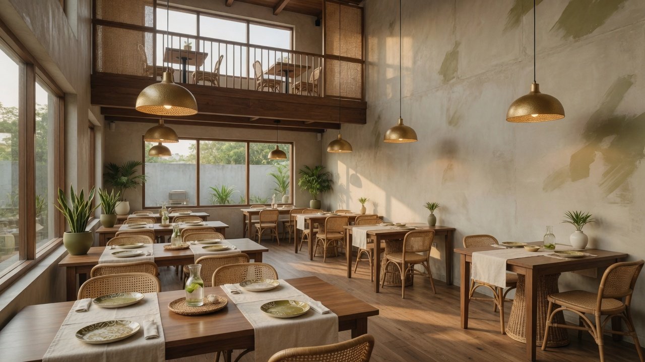 Interior konsep Life Kitchen — ruang 2 lantai AC (ilustratif, bukan foto venue asli)