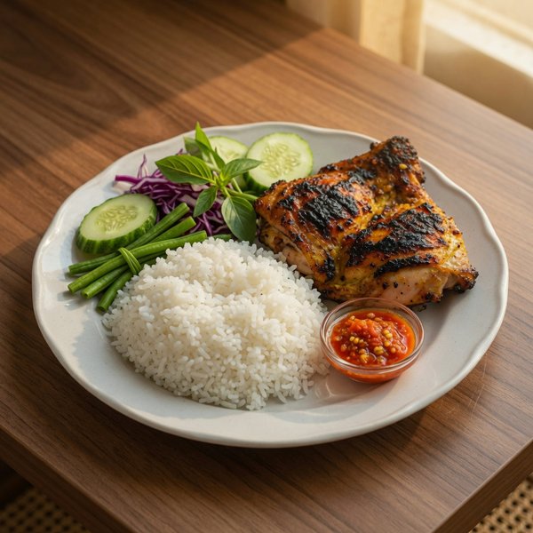 Nasi Ayam Panggang — Life Kitchen & Bar Pamekasan (ilustratif, bukan foto hidangan asli)