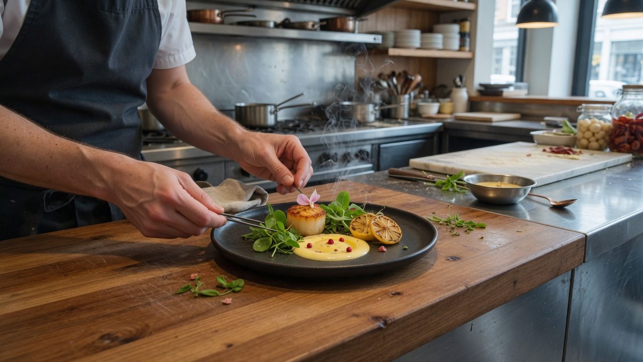 Open kitchen craft detail — hospitality — concept visual (AI, bukan foto asli venue)