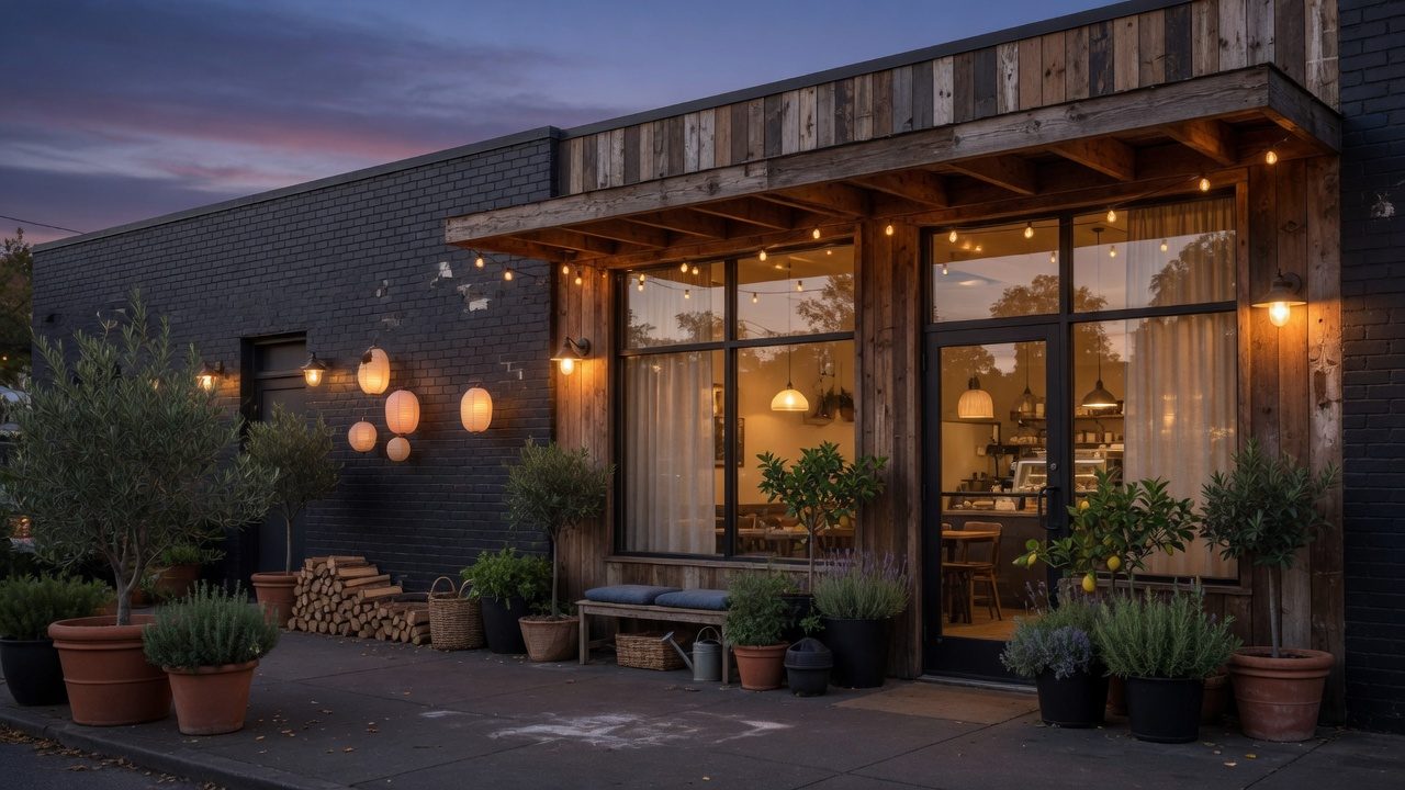 Welcoming exterior twilight — Life Kitchen — concept visual (AI, bukan foto venue asli)