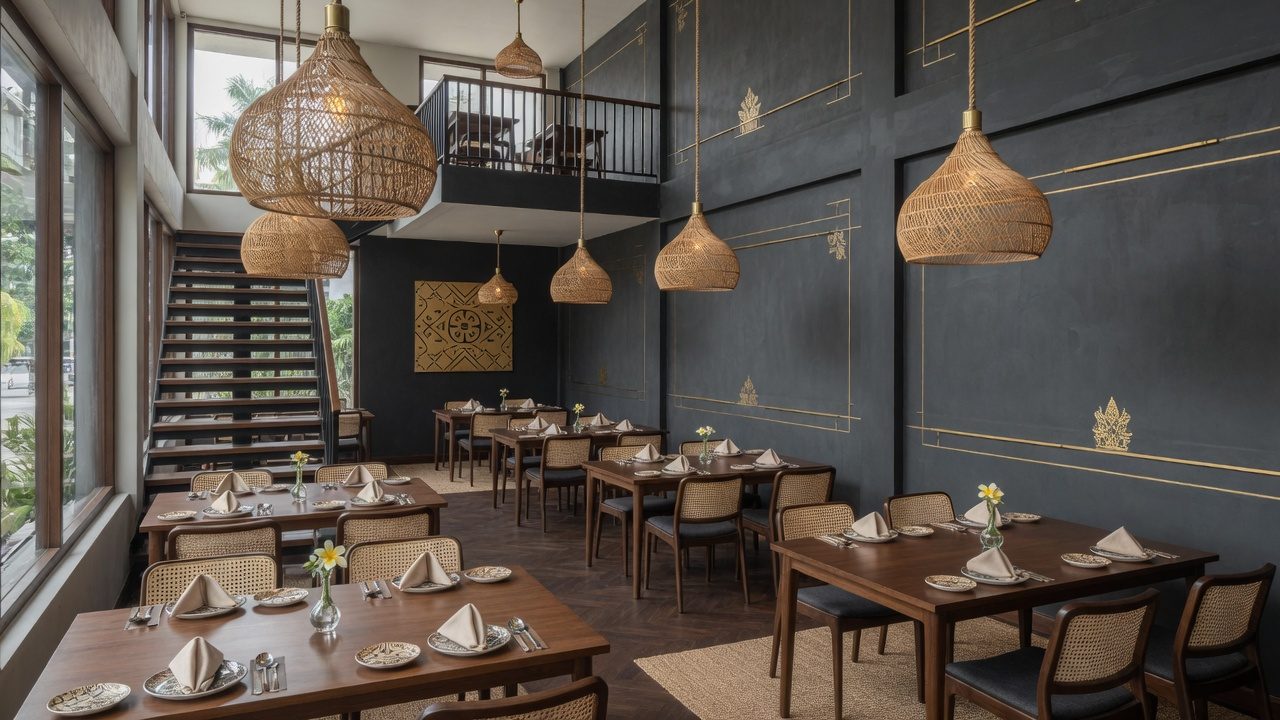 Life Kitchen & Bar Pamekasan — warm wood interior 2 lantai estetik — concept visual (AI, bukan foto venue asli)