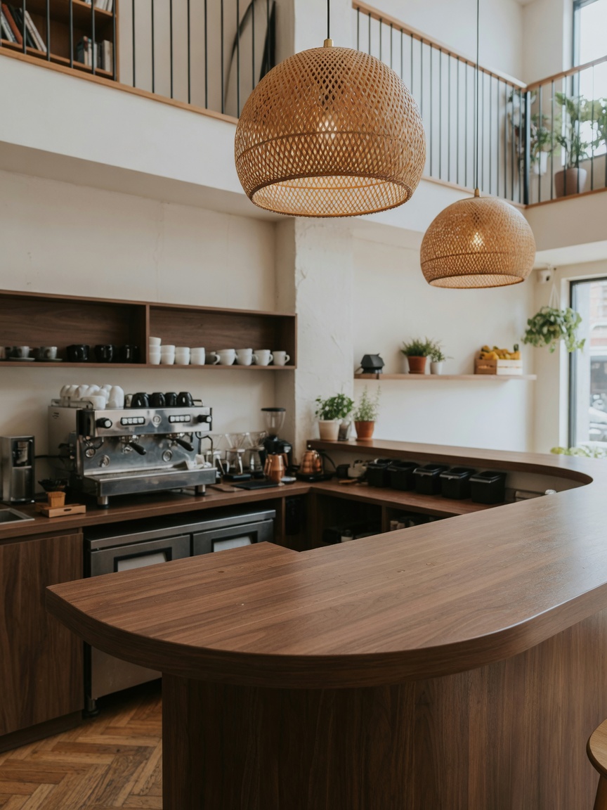 Warm Wood Bar — concept visual (AI, bukan foto venue asli) — 2 Lantai Estetik