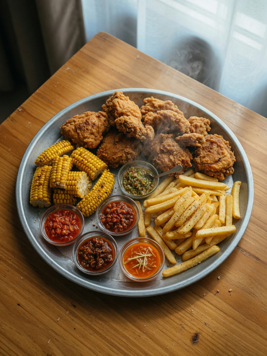 Big Platter Close-up — concept visual (AI, bukan foto venue asli) — Best Sharing