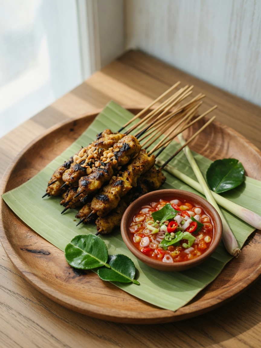 Sate Ayam Sambal Matah Bali — concept visual (AI, bukan foto venue asli)