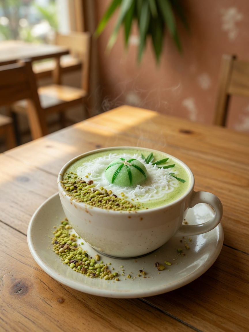 Latte Art — Klepon & Pistachio — concept visual (AI, bukan foto venue asli)