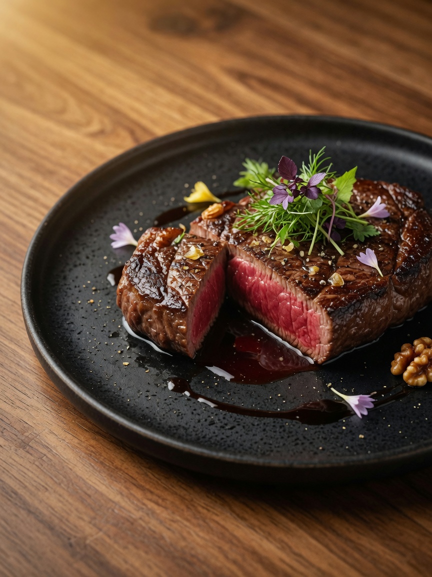 Beef Meltique Signature — concept visual (AI, bukan foto venue asli) — Plating Premium