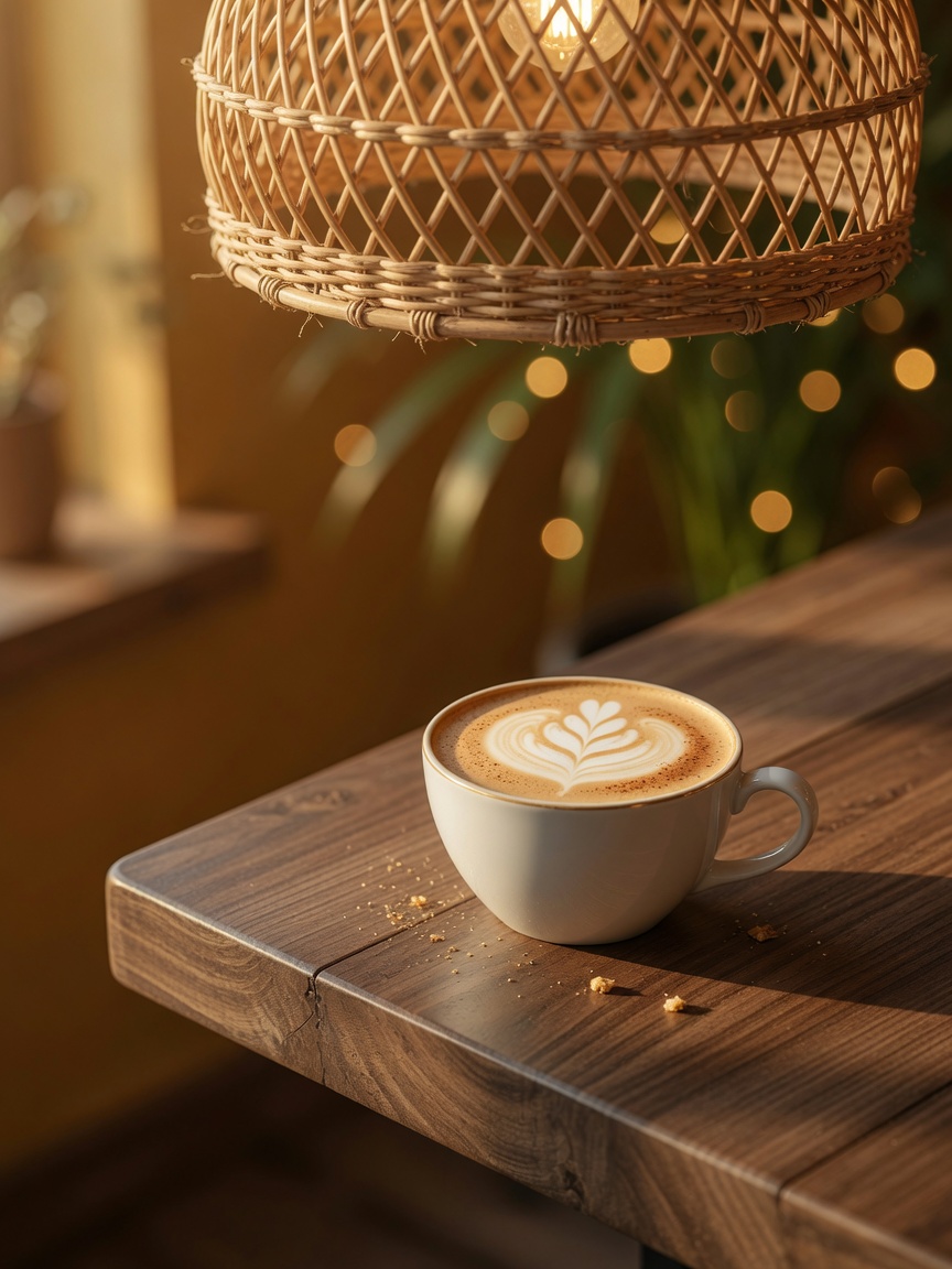 Warm Detail Vignette — latte & rattan light — concept visual (AI, bukan foto venue asli)